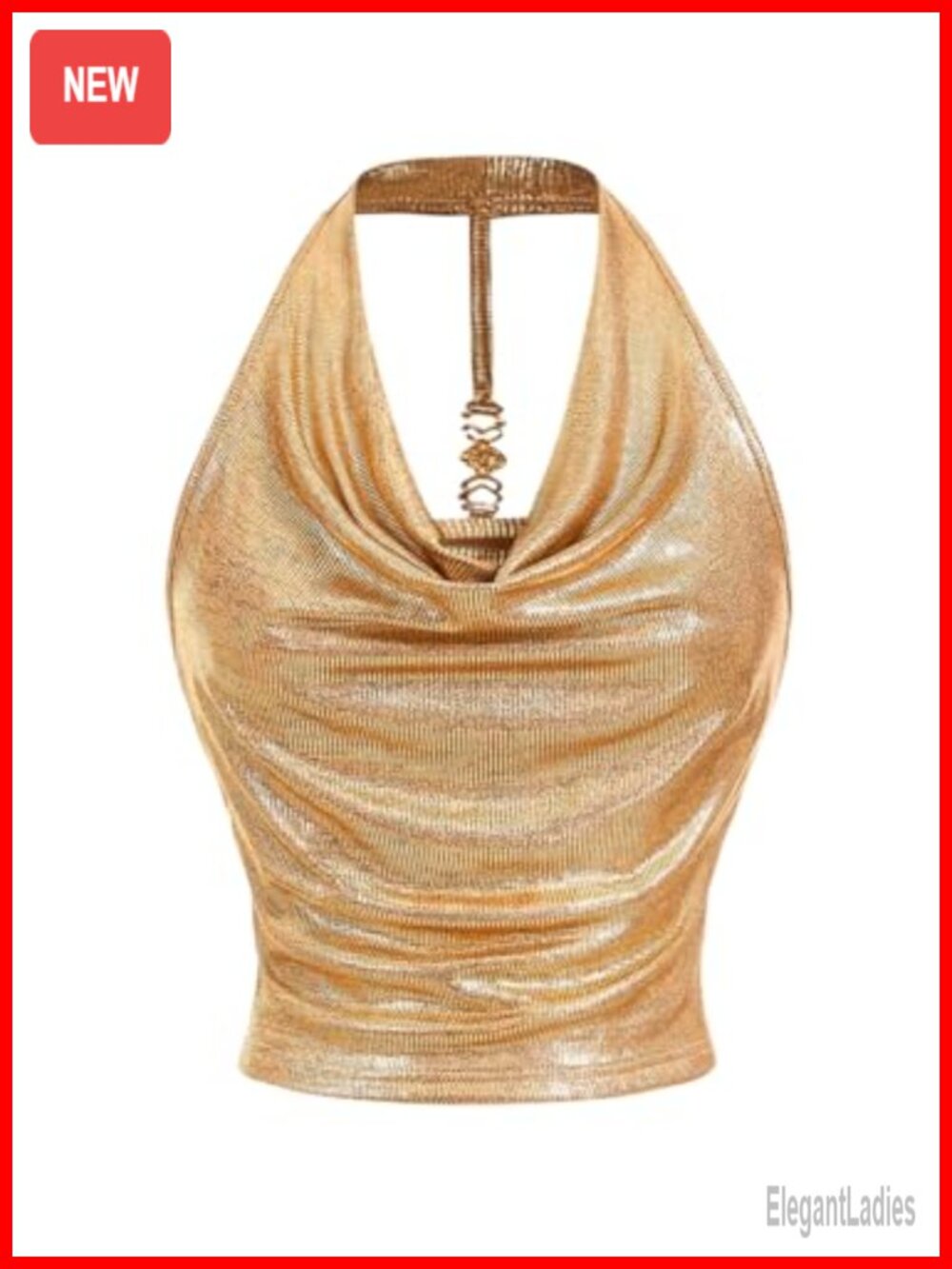 Metallic Halter Cowl Neck Crop Top Backless Ruched Club Party Shirt